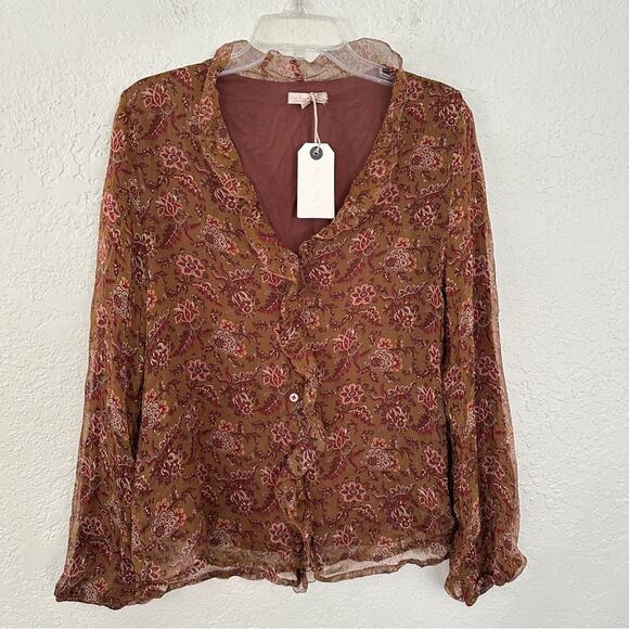 NWT Louise Misha Anthropologie Loreta Silk Brown Blouse 38 - Picture 3 of 7